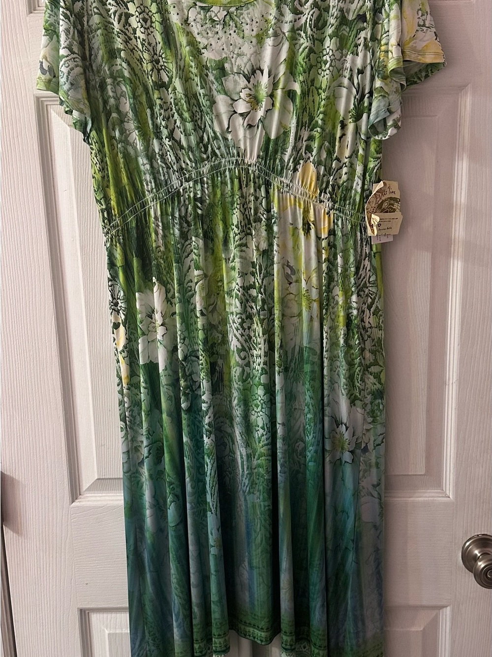 One World Live Let Live Maxi Dress 1X Green Floral Rhinestone Boho Hi Low NWT - Picture 7 of 8